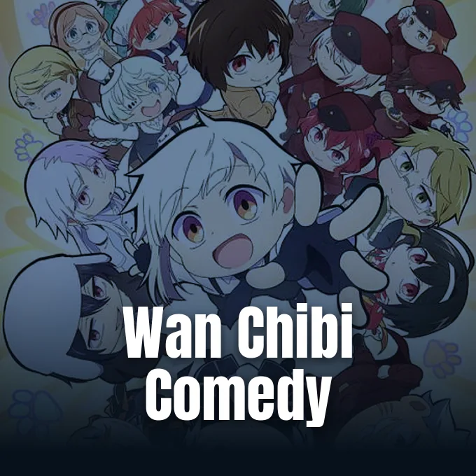Chibi-style characters from Bungo Stray Dogs Wan gathered together in a playful animated group illustration.