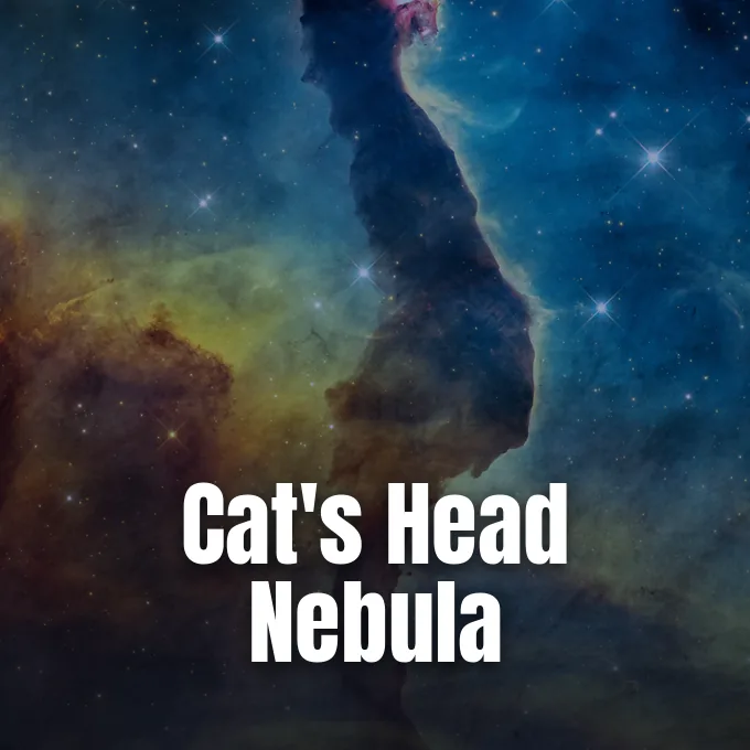 A cosmic gas pillar of the Cat's Head Nebula glows against a starry, colorful backdrop in space.