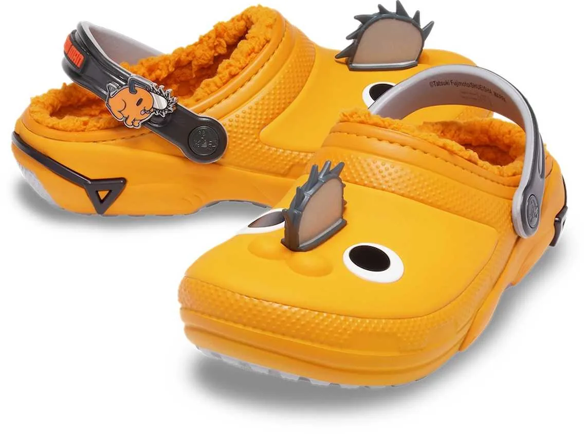 Pochita Classic Lined Clog featuring fuzzy orange lining and chainsaw details from the Chainsaw Man Crocs collaboration.