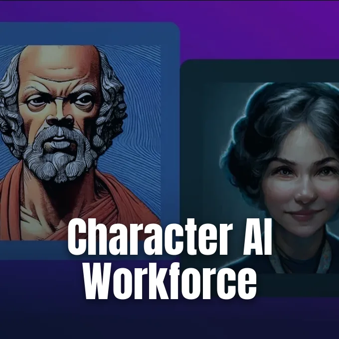 Digital portraits of AI character avatars displayed on dark cards against a purple background.