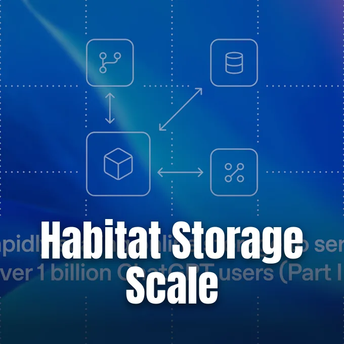 A blue technical diagram illustrating interconnected cloud infrastructure icons against a gradient grid background