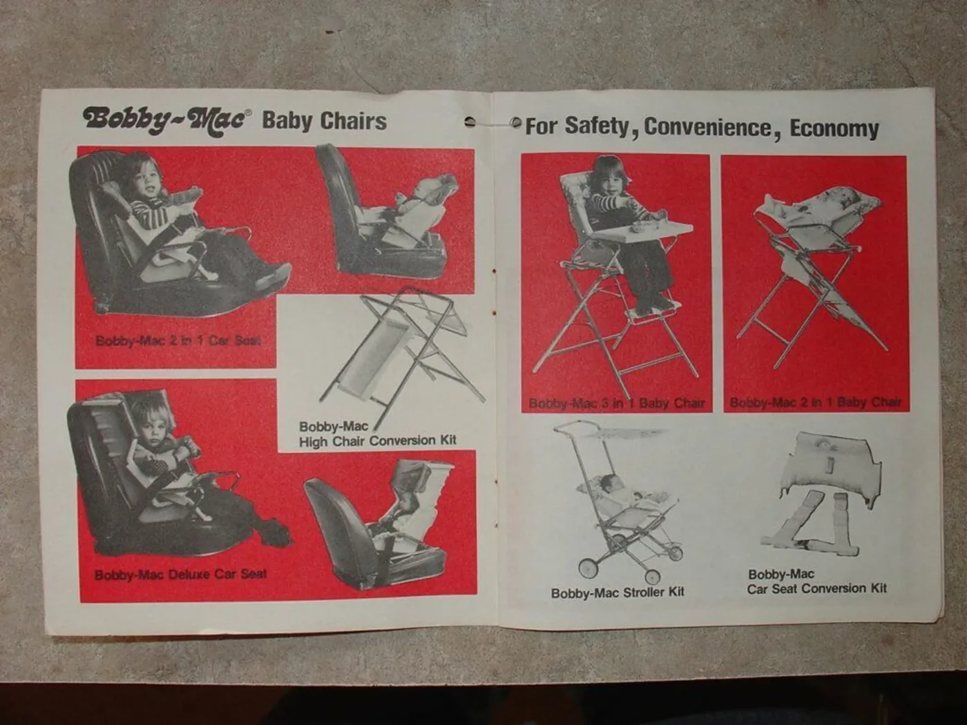 Vintage product brochure showing convertible Bobby-Mac car chairs and conversion accessories.