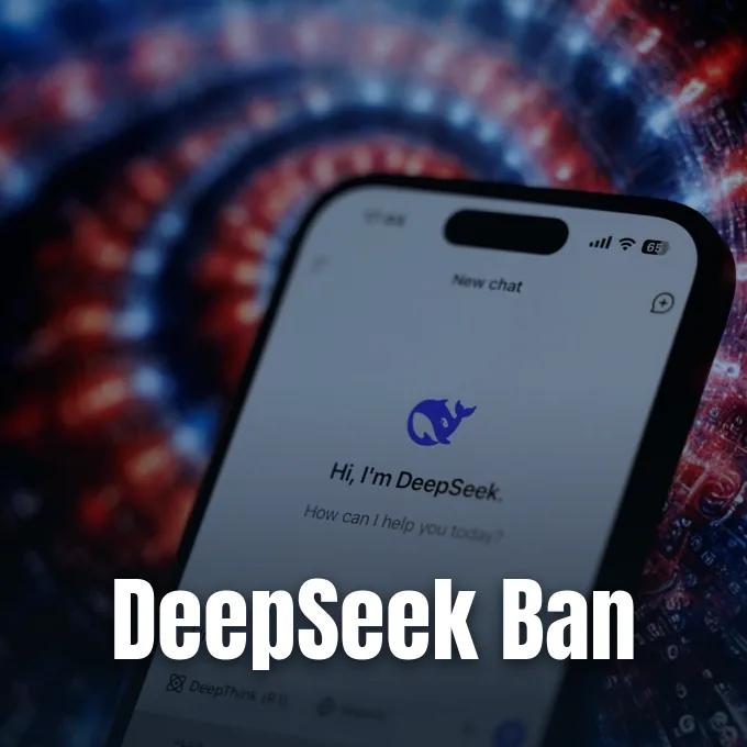 A smartphone displaying the DeepSeek AI application welcome screen against an abstract digital background.