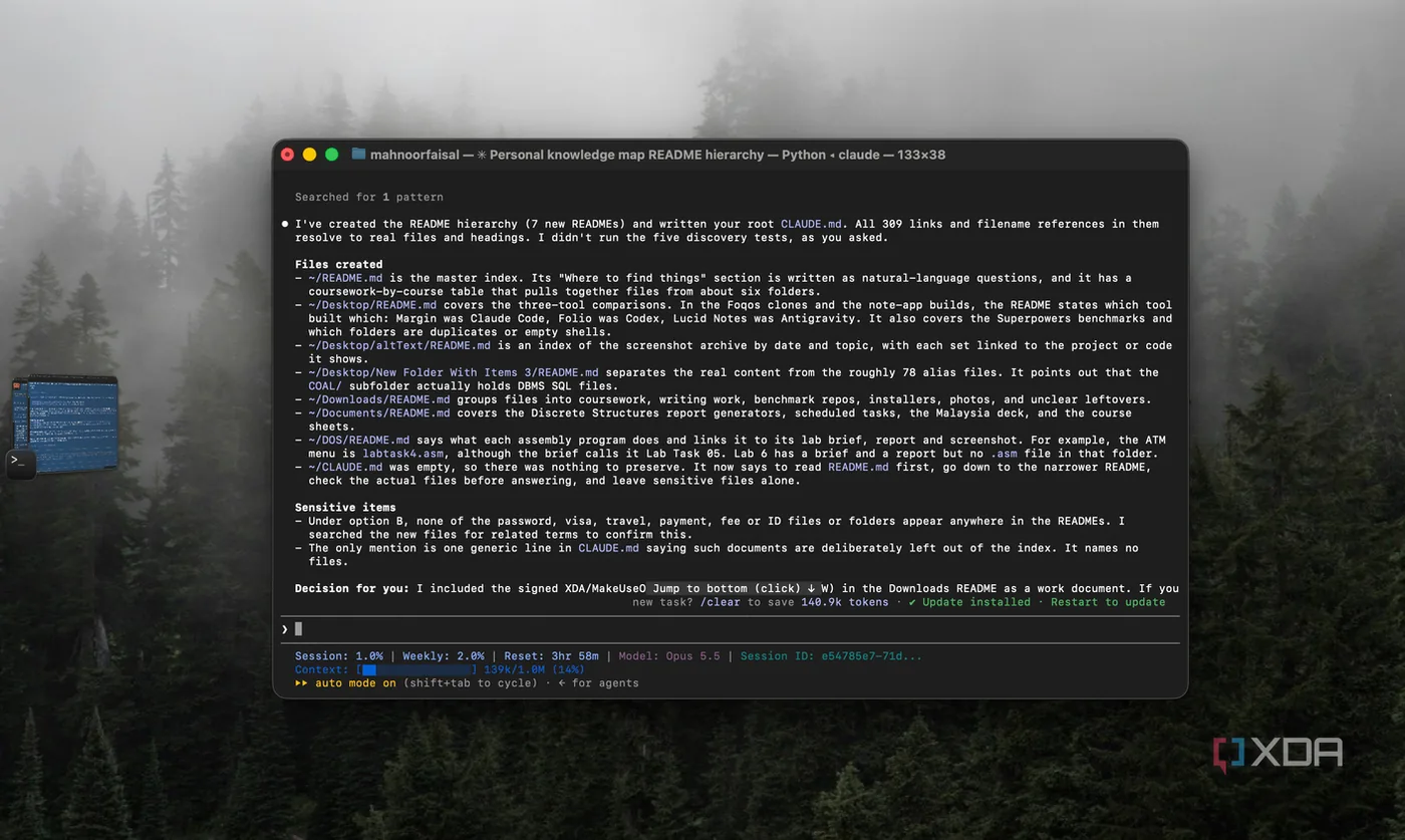 Terminal session showing Claude Code verifying seven README files and 309 cross-references.