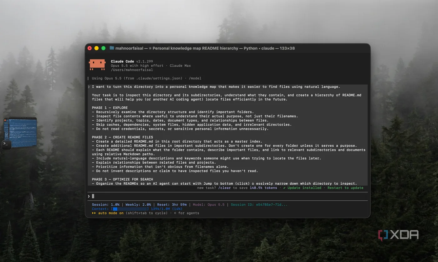 Claude Code session prompt initializing a structured README knowledge map across local directories.