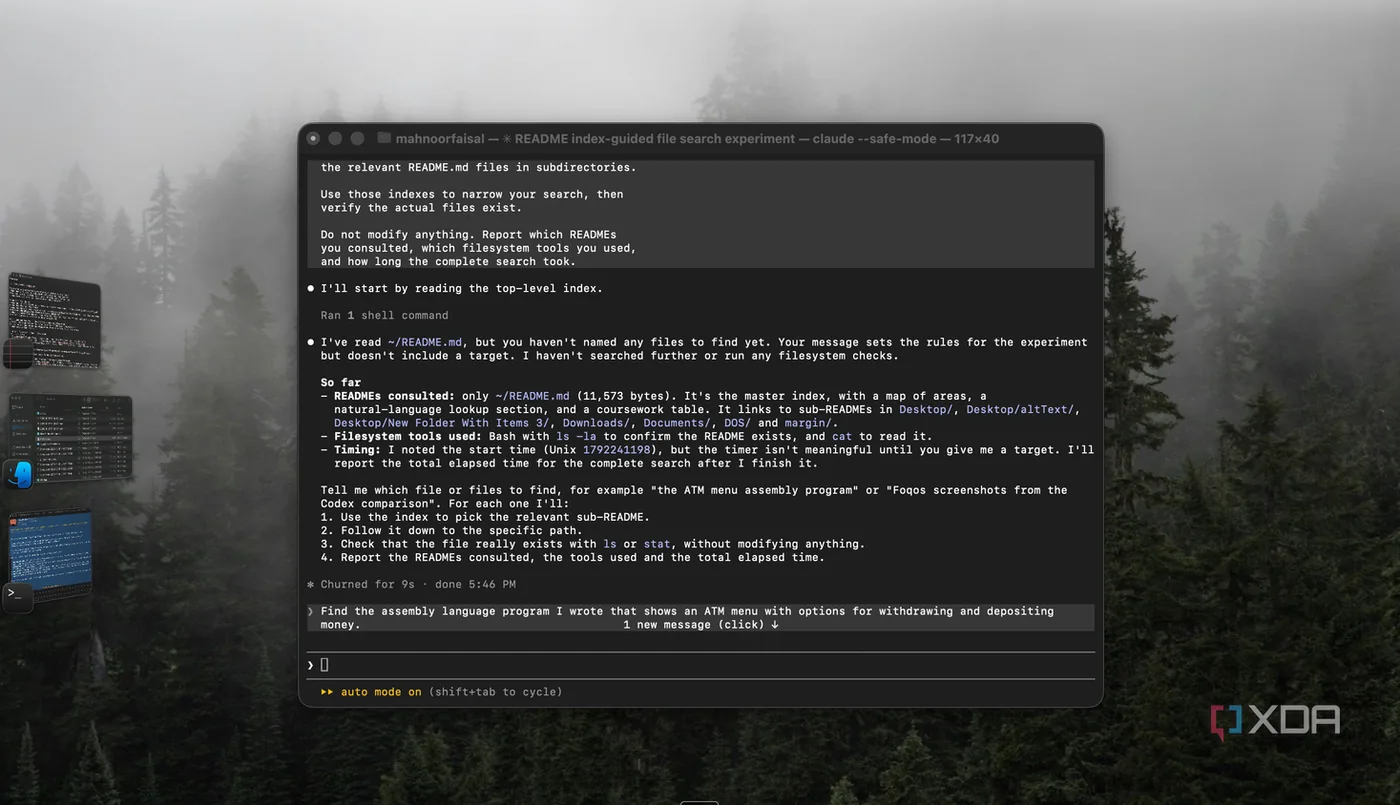 Safe-mode terminal test comparing Claude Code search speed when locating an assembly ATM program.