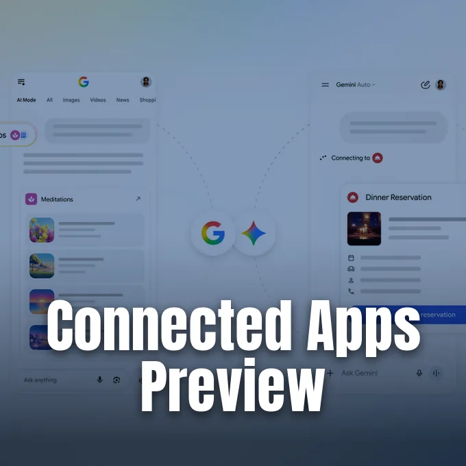 Digital interface mockups showcasing Google Search and Gemini connecting to third-party services and applications.