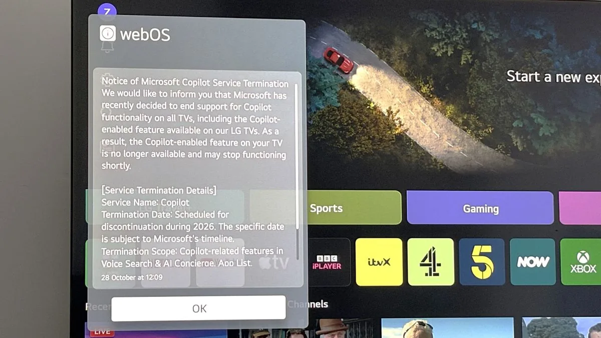 An on-screen popup warning about Copilot on smart TVs losing support on an LG screen
