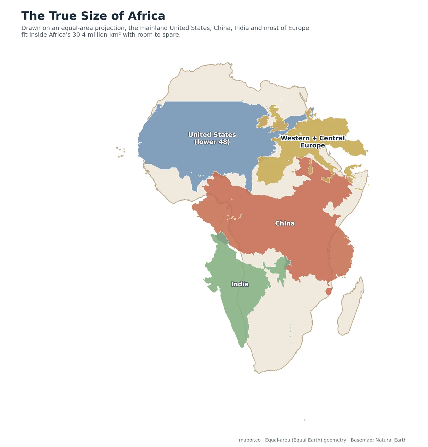True geographic size of Africa with the United States, China, India, and Europe outlined inside.