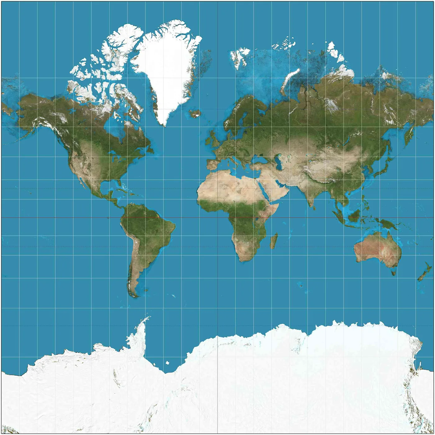 World map showing extreme polar distortion of northern landmasses on the Mercator projection.