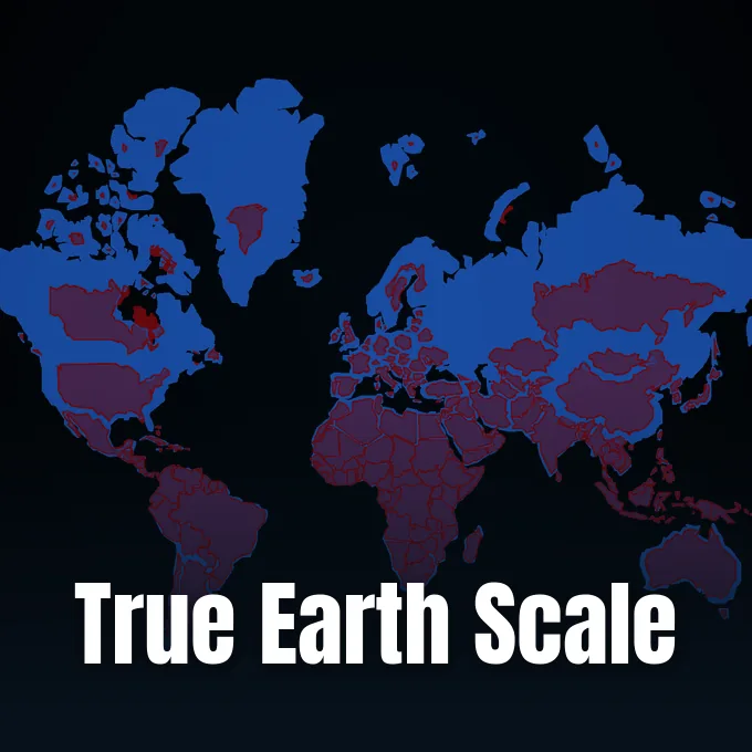 A world map visualization comparing distorted Mercator projections with actual continental scale landmasses in blue and purple