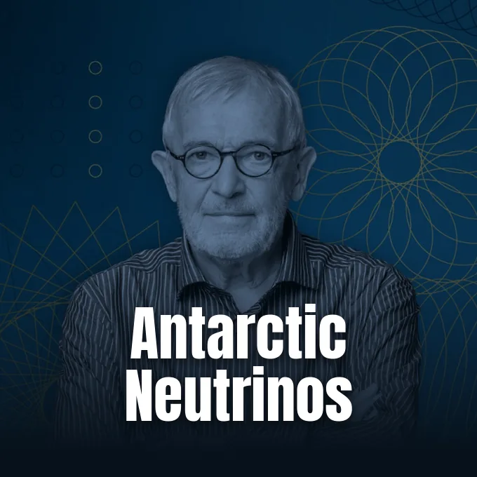 A portrait of physicist Francis Halzen against a deep blue geometric background.