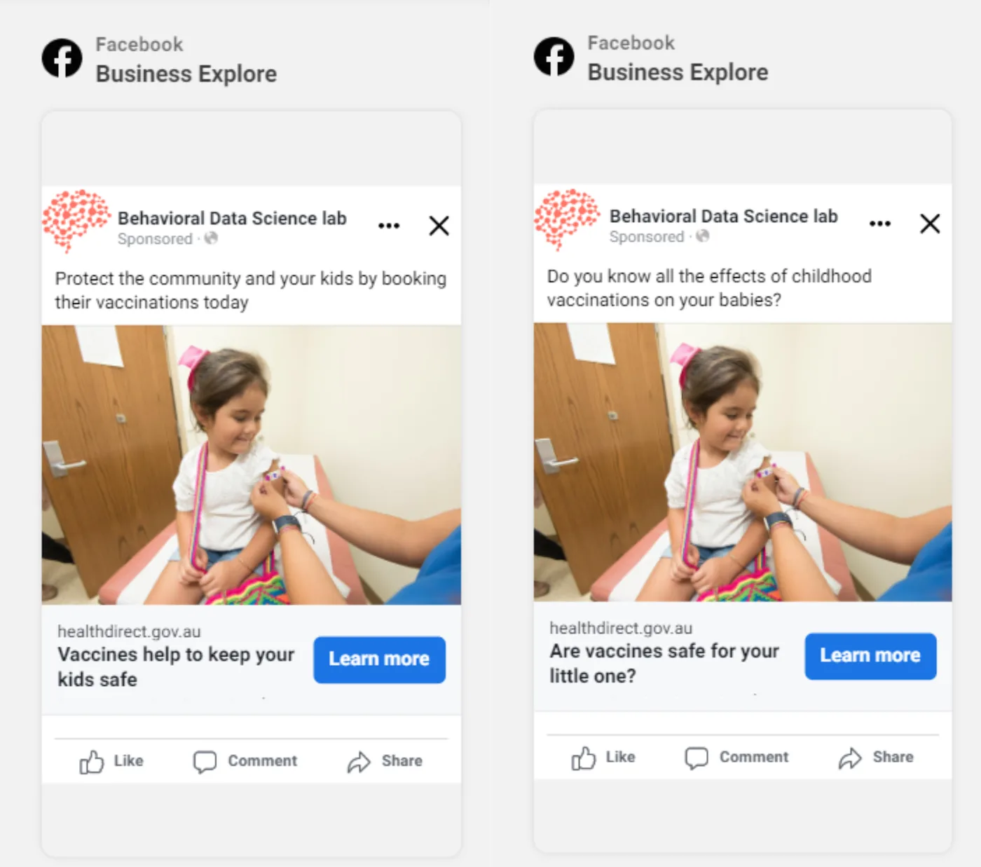 Comparison of neutrally worded and familiar language Facebook advertisements used in countering misinformation experiments.
