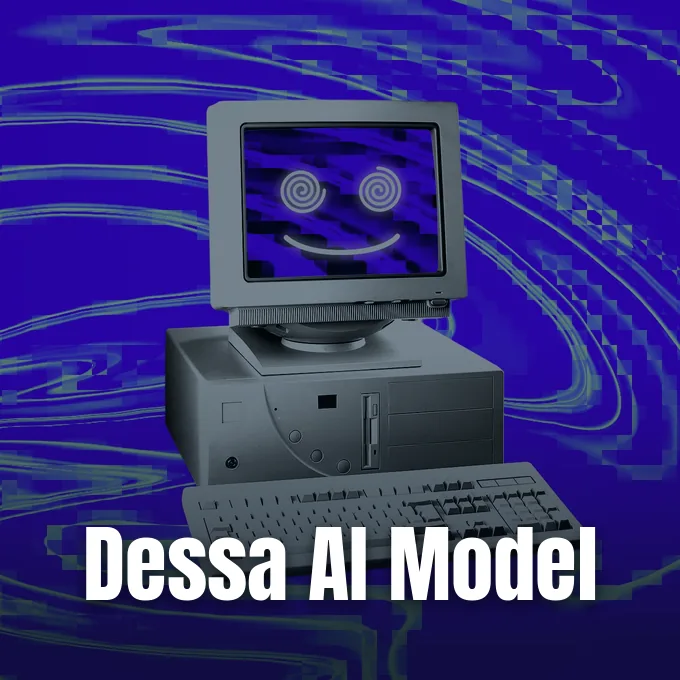 A retro desktop computer monitor displaying a stylized smiling face against an abstract blue background.