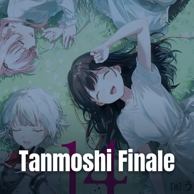 An anime illustration featuring multiple girls lying together on green grass looking relaxed and cheerful.