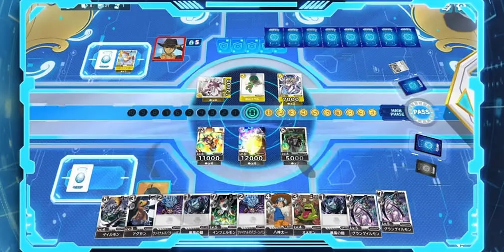 Gameplay battle interface shown in the mobile card game trailer.