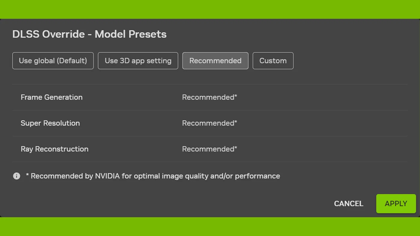 Interface toggle for dynamic frame generation in the NVIDIA App.