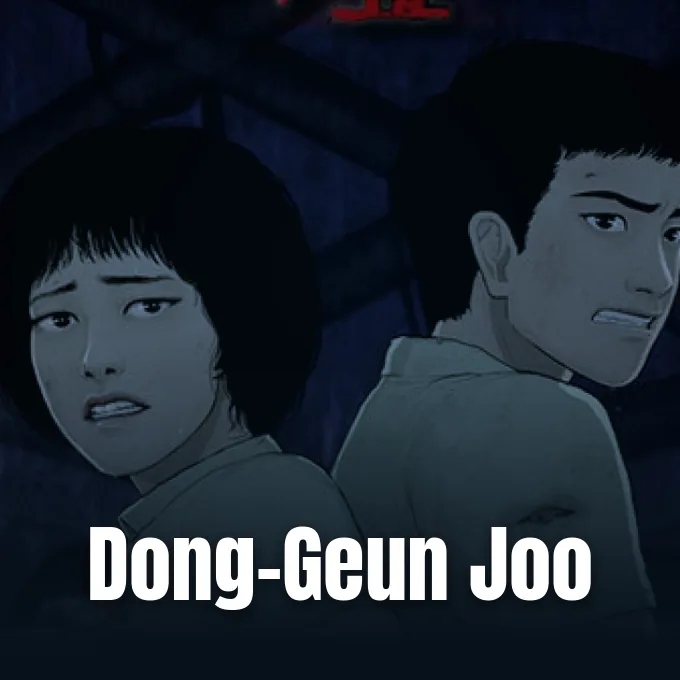 Two frightened webtoon characters back to back looking over their shoulders in a dark setting.