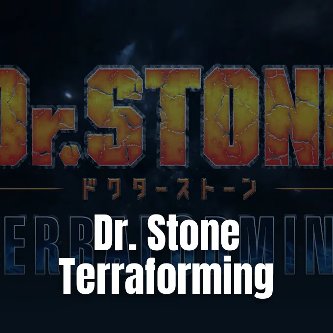 Official title logo for Dr. Stone against a dark smoky background.