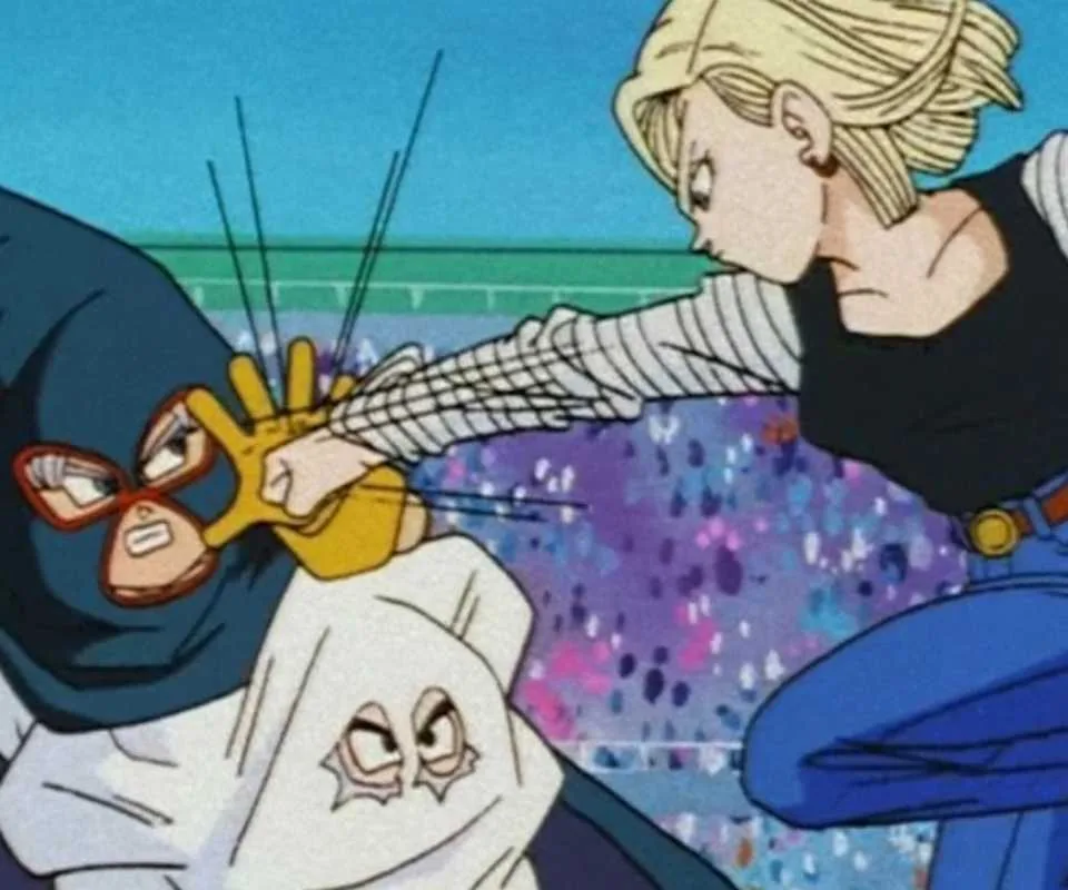 Mighty Mask blocks a punch from Android 18 in Dragon Ball Z