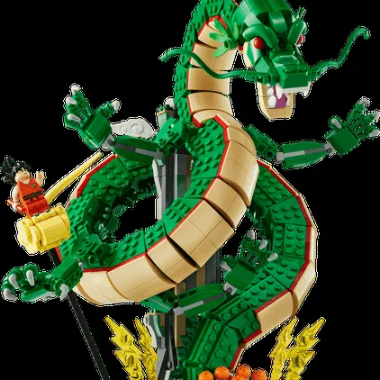 The completed Dragon Ball Lego set displaying Shenron coiled above the seven Dragon Balls.