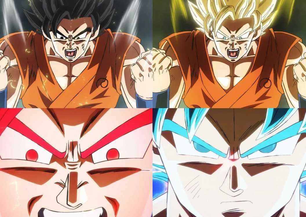 Goku powering up against Frieza during a battle sequence in Dragon Ball Super Beerus.