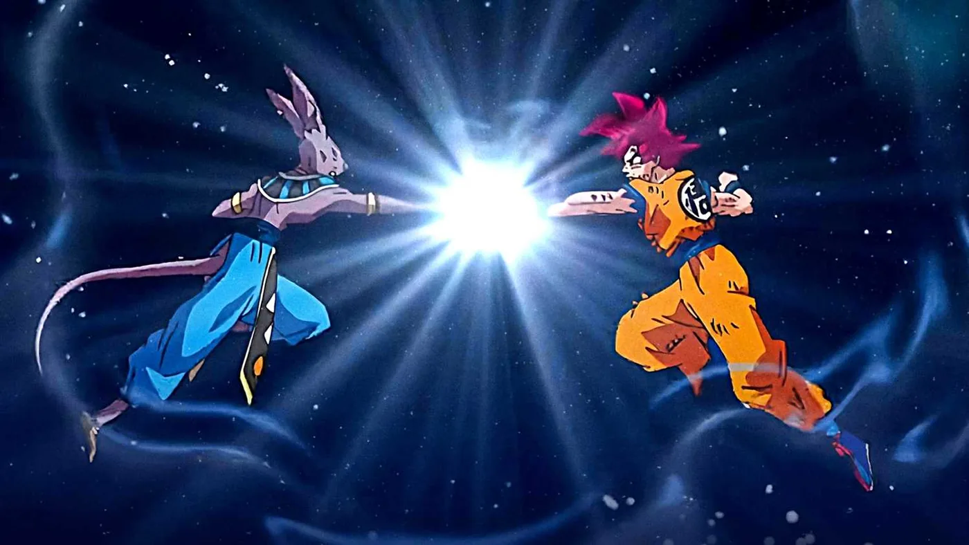 Goku and Beerus clash with colliding punches in the Battle of Gods storyline.