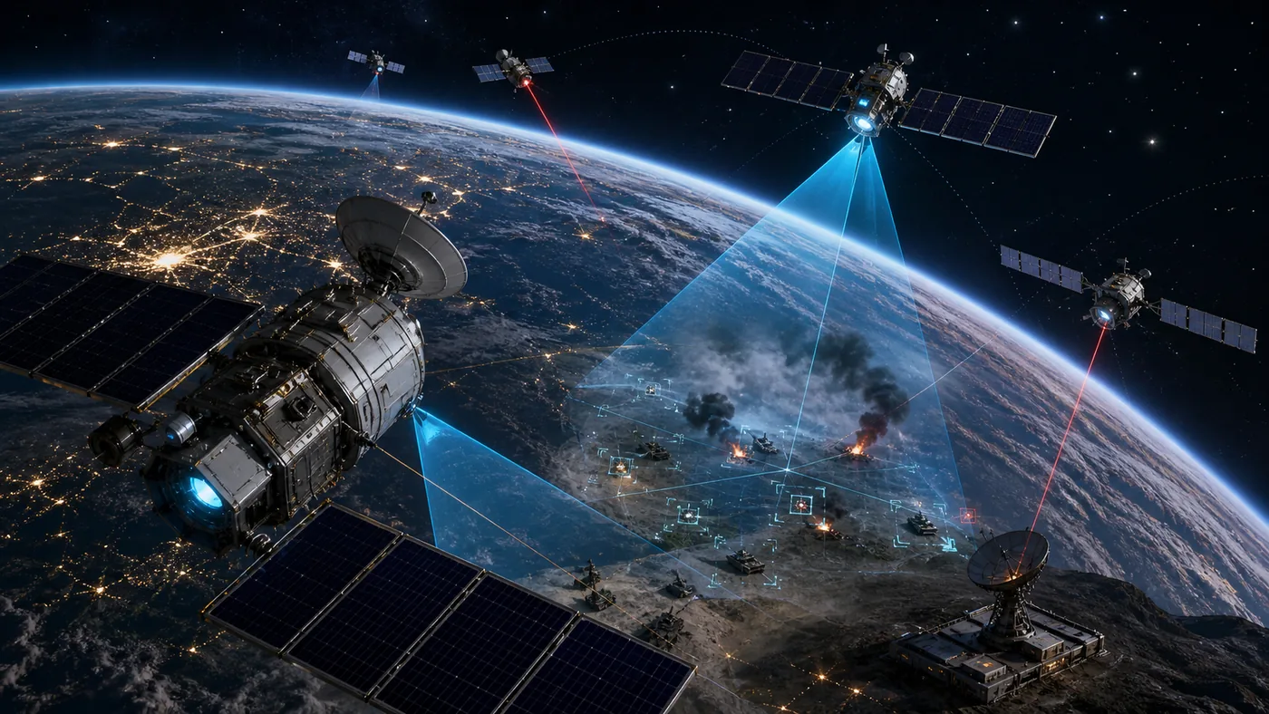 Diagram of space platforms combining commercial data relay and military reconnaissance roles