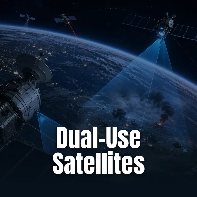 Satellites in Earth orbit directing beams toward military target areas on the surface below.