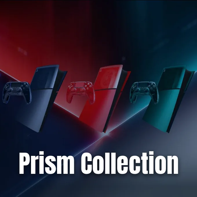 Translucent PlayStation 5 console covers and matching DualSense wireless controllers displayed in three different vibrant colors.