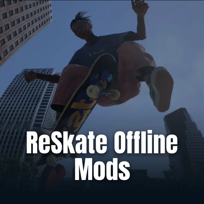 A skateboarder jumping mid-air with a skateboard against a city skyline backdrop.