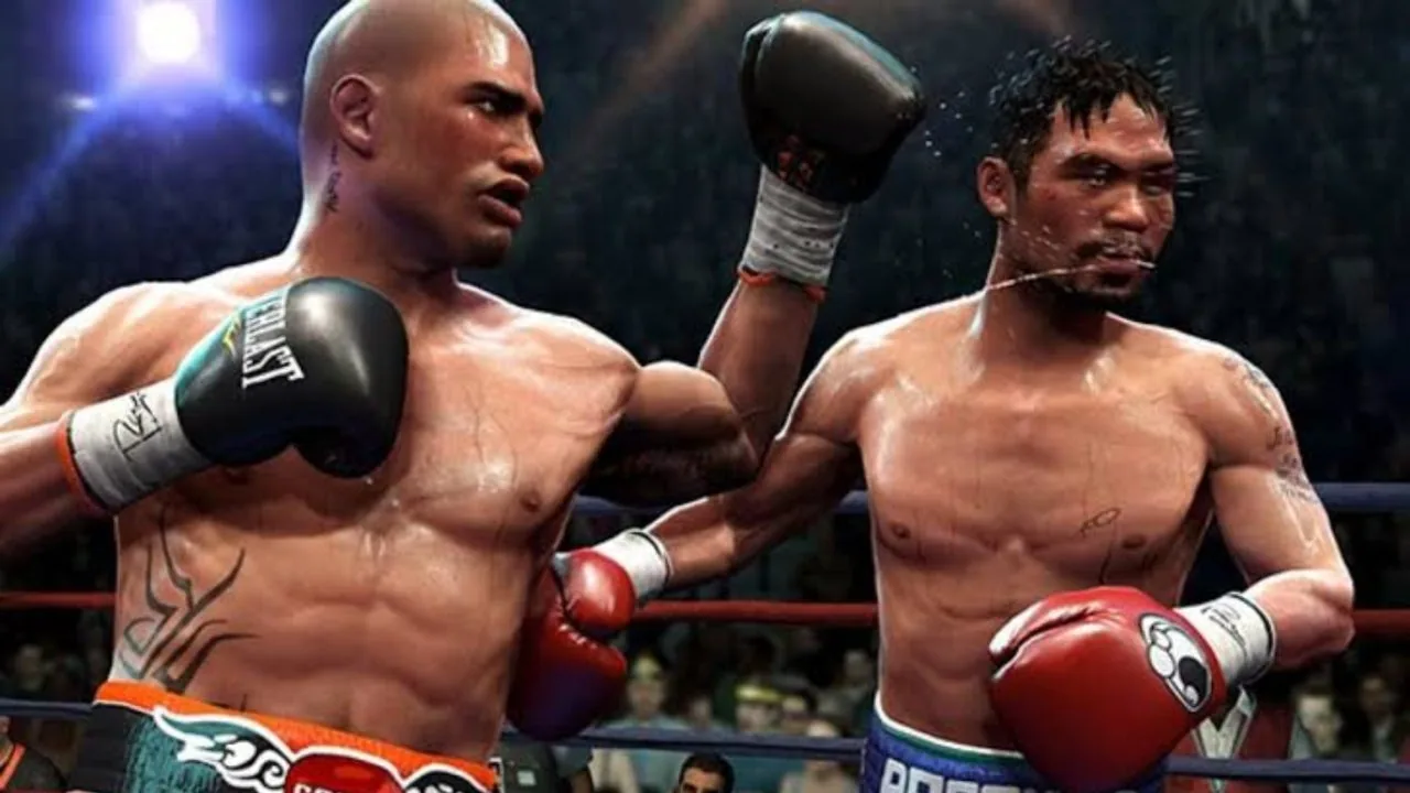Promotional art for EA Sports Fight Night Round 3 featuring boxing action.