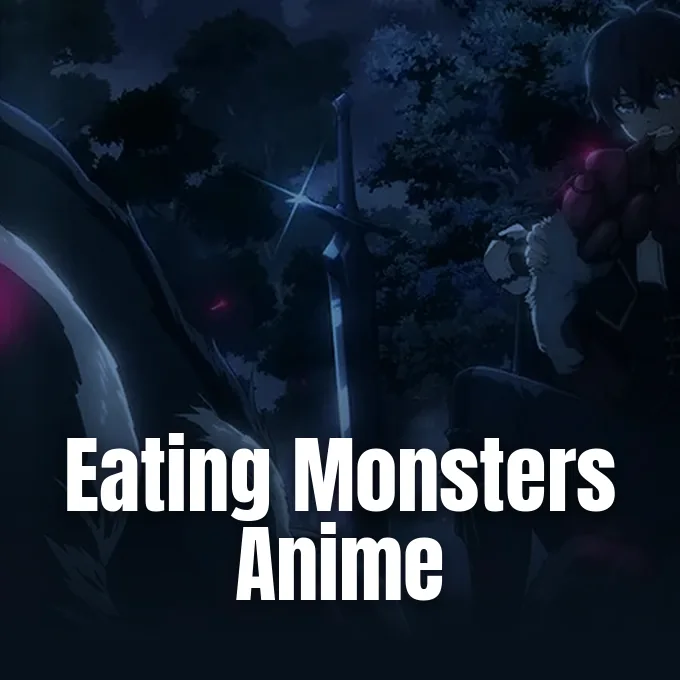 An anime warrior character resting beside a sword embedded in the ground in a dark forest