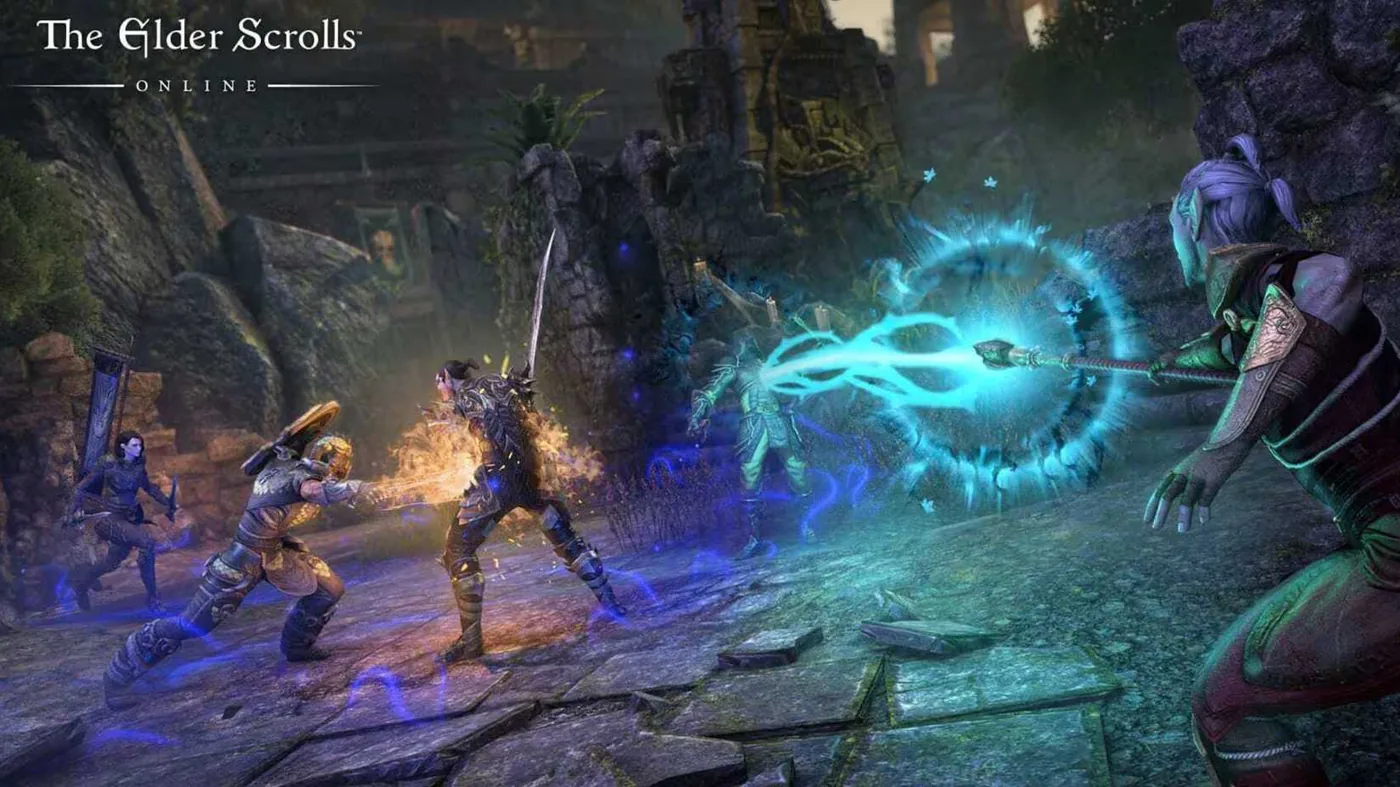 A character engaging in real-time combat in Elder Scrolls Online.