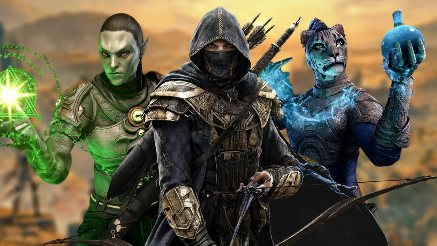 A scenic view of adventurers traveling across Tamriel in The Elder Scrolls Online.