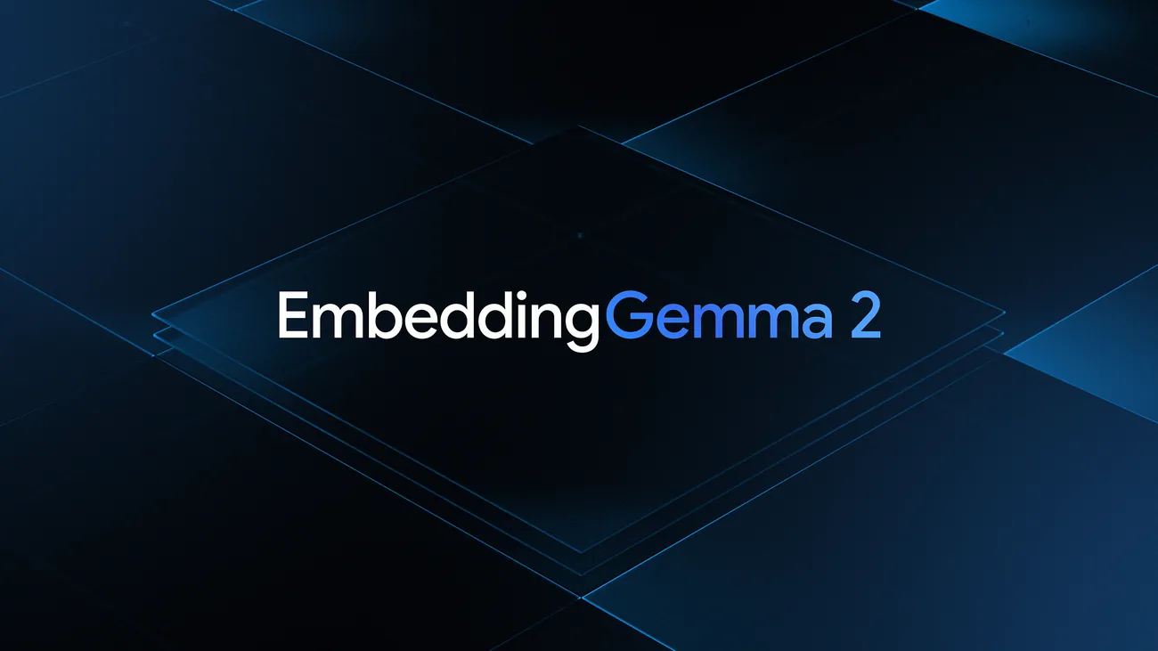 Google EmbeddingGemma 2 promotional graphic showing multimodal architecture components.