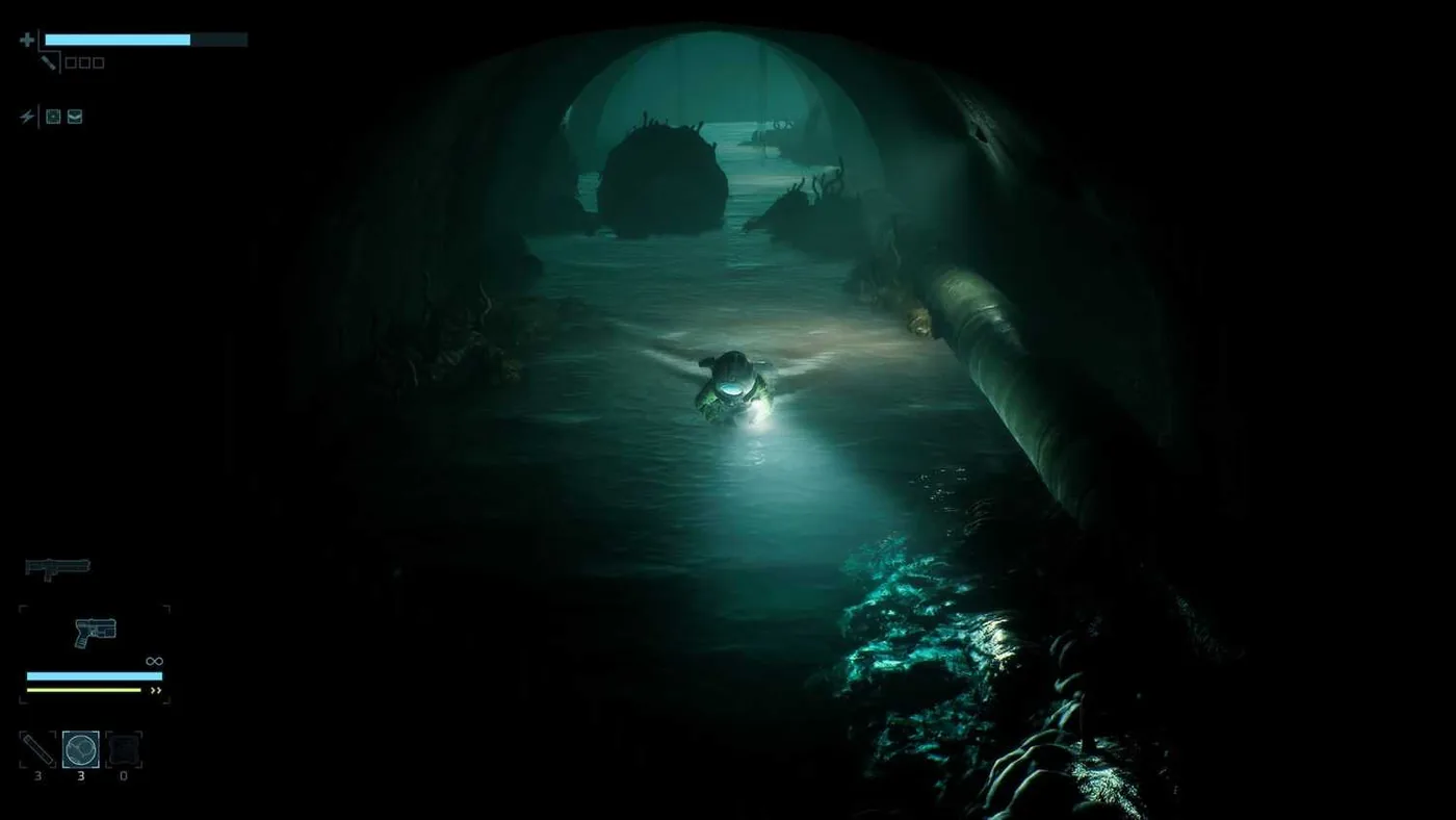 Darkened industrial tunnels and narrow hallways showcased during End of Abyss review exploration.