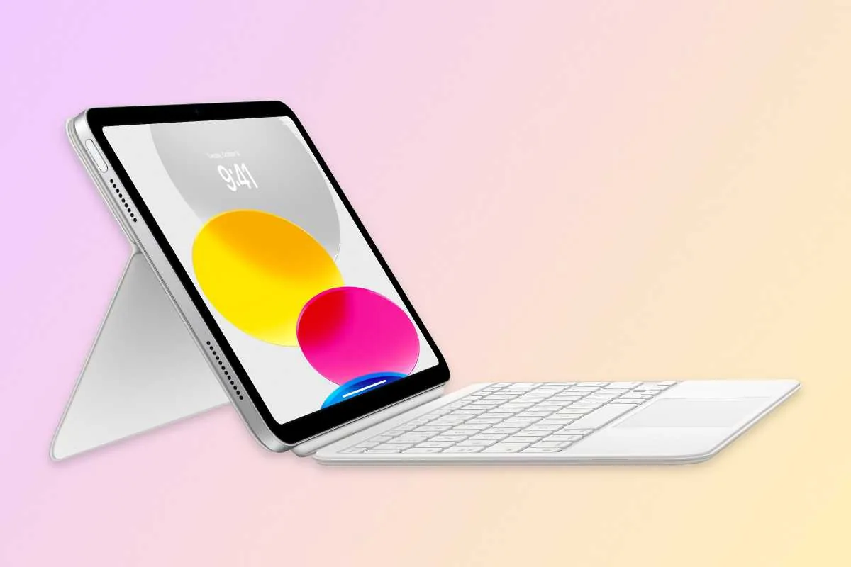 Apple iPad connected to a keyboard folio case.