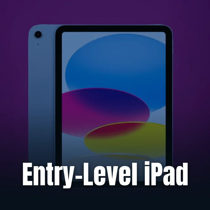 A blue Apple iPad tablet displayed against a dark purple background showing its front and back.