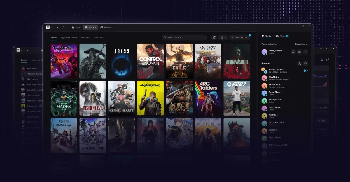 Interface overview of the preview build for the Epic Games Launcher showing reorganized store navigation.