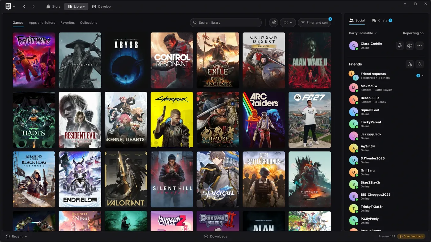 Epic Games Store client preview screen showing customized game collection views and library layout.
