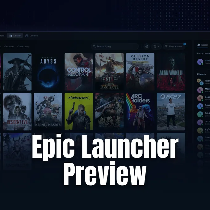 Redesigned Epic Games Launcher interface showing a library grid of video game titles.