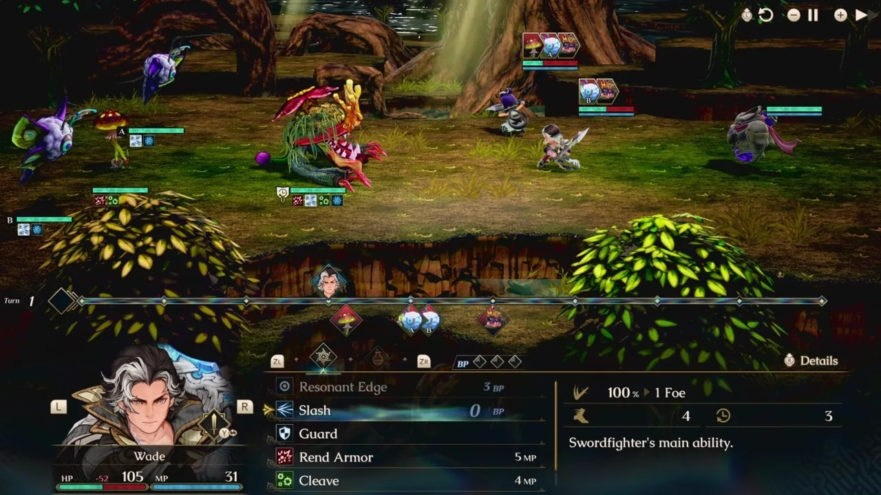 Battle interface displaying character commands and target selection