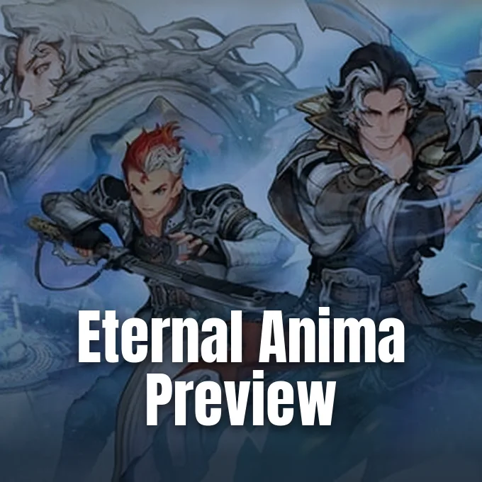 Anime style fantasy game characters posing with weapons in key visual artwork for Eternal Anima.