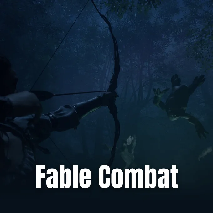 An archer aiming a bow and arrow at a leaping monster in a dark forest