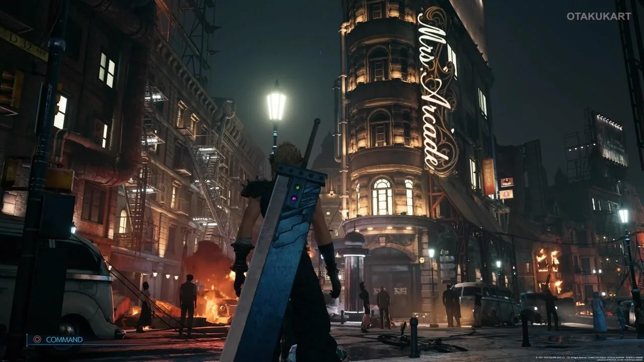 Cloud Strife stands in Midgar in the FF7 Remake trilogy.