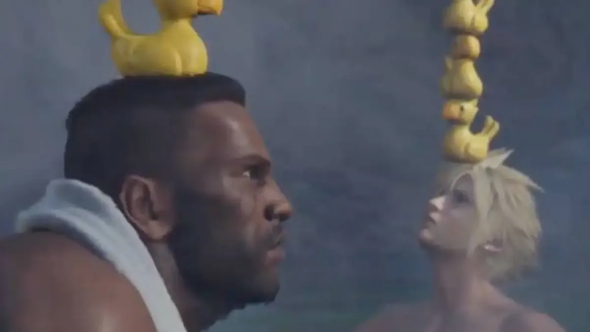Party members attempting to balance Chocobos in a video clip shared on social media.
