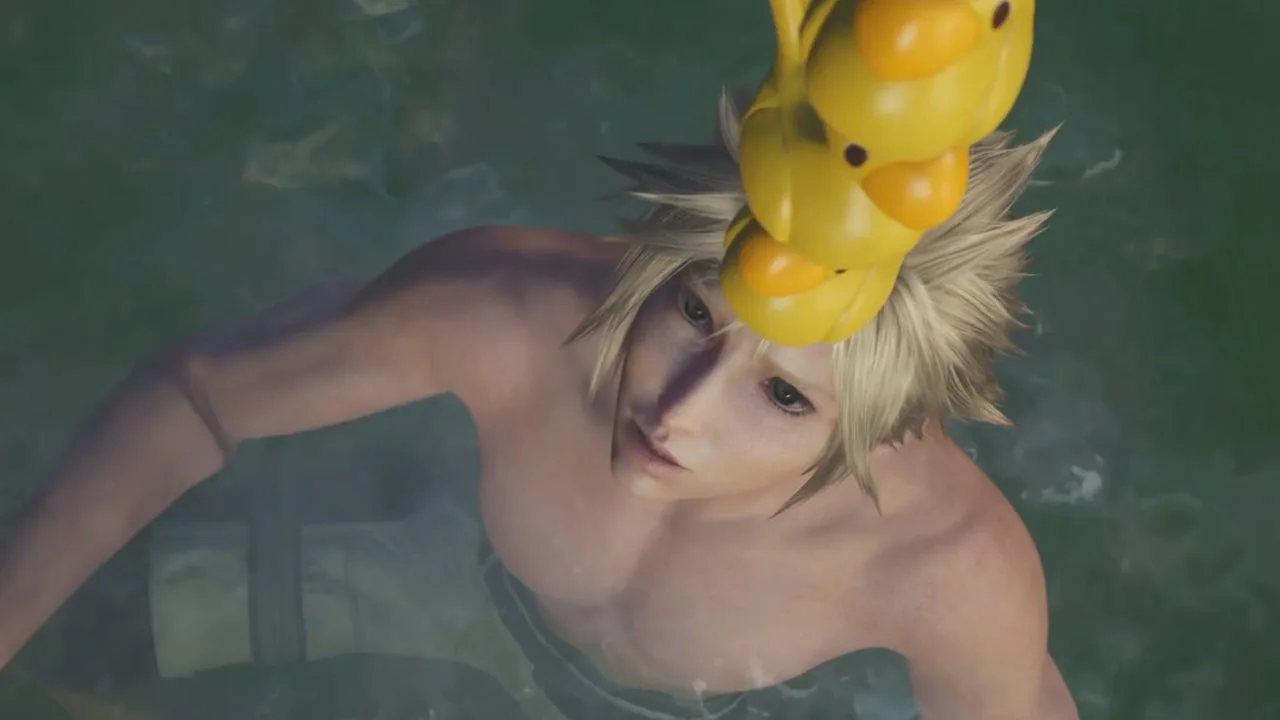 Gameplay screenshot from the FF7 Revelation hot springs event showing party members relaxing in the water.