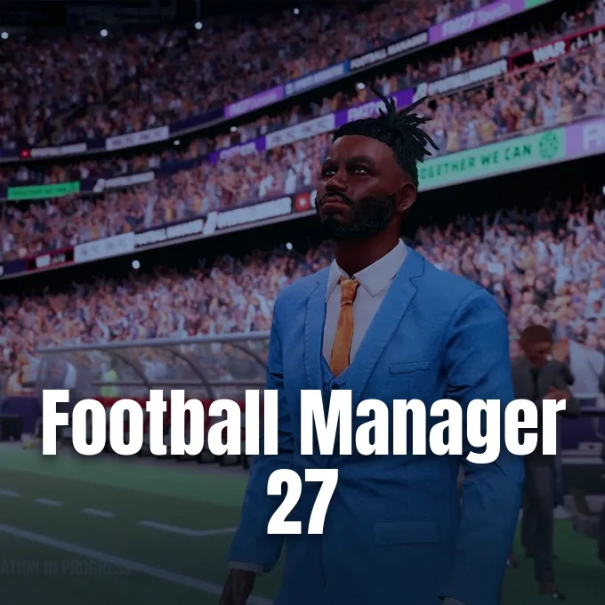 A football manager in a blue suit stands pitchside against a packed stadium crowd.