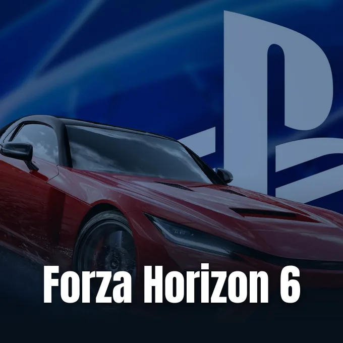 A sleek red sports car parked in front of a giant blue PlayStation logo backdrop.